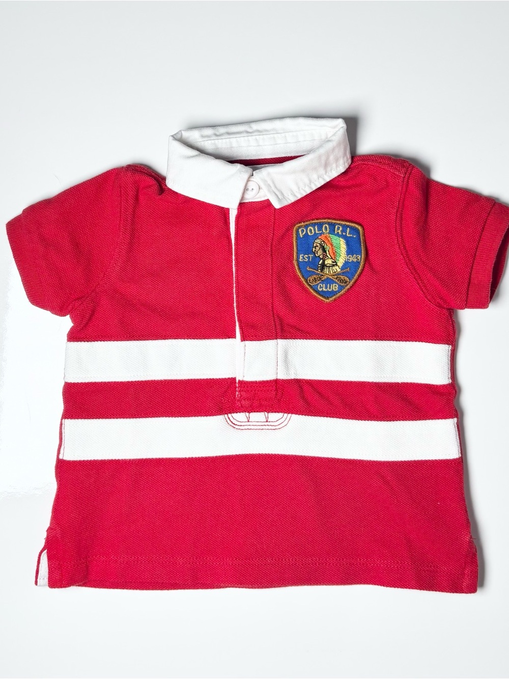 Vintage Polo Ralph Lauren Red Striped Rugby Polo Shirt Crest Preppy Designer